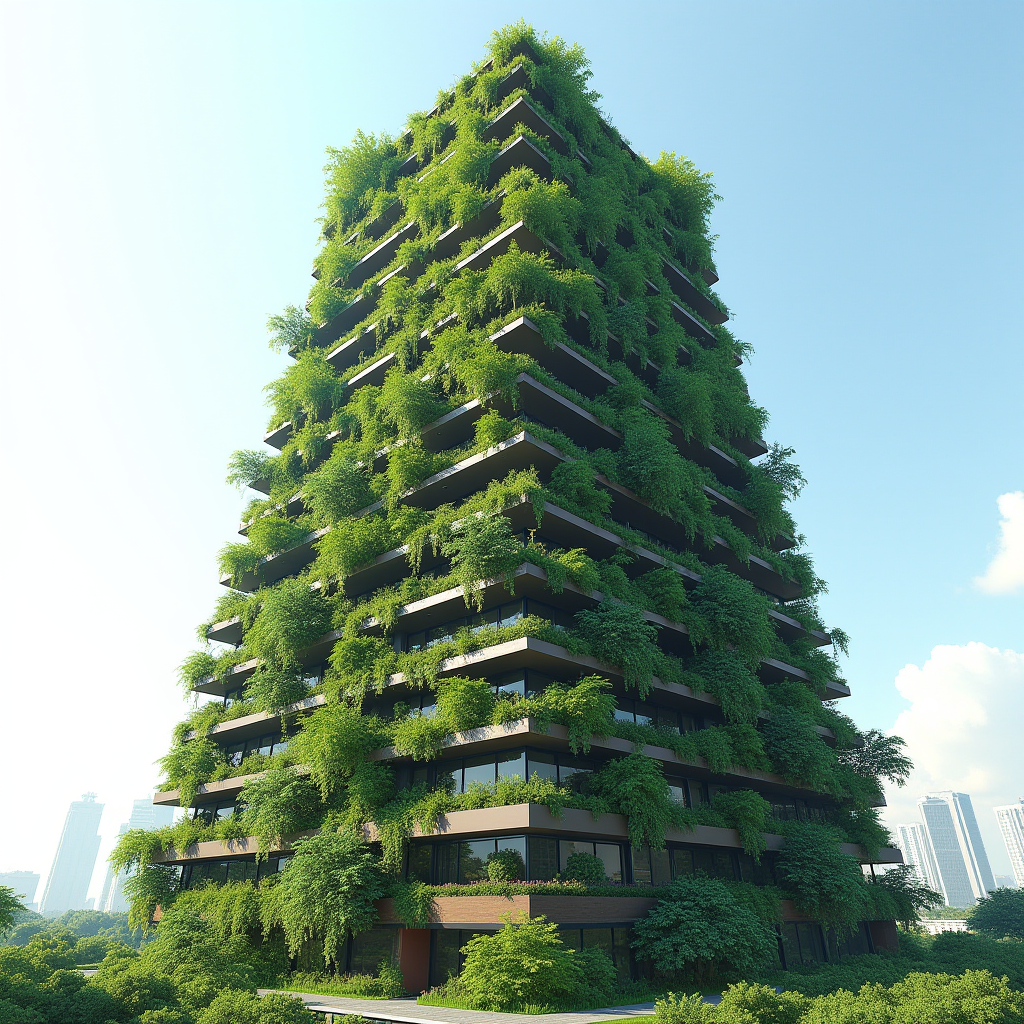 A modern high-rise building adorned with lush greenery on its balcony walls, set against a clear blue sky in an urban environment.