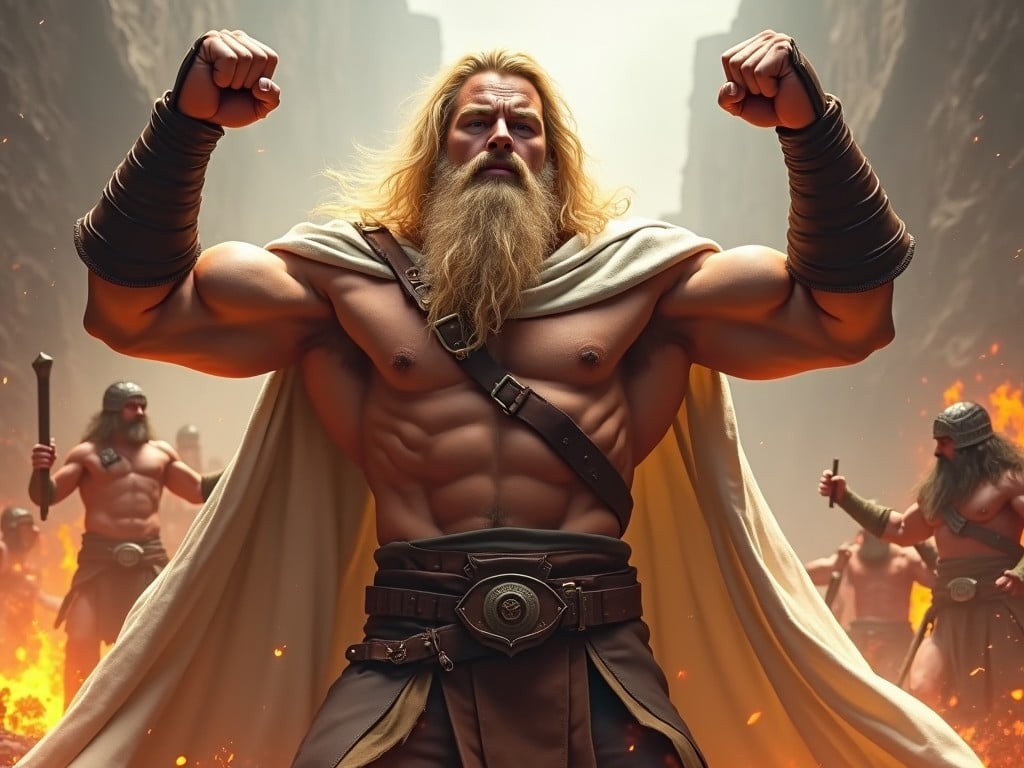 A muscular warrior stands proudly in a powerful pose. He has long blond hair and a spectacular beard. Dressed in a white cape and brown gauntlets, he raises his fists in triumph. The background is filled with glowing embers and dramatic lighting. Two other warriors can be seen in a contrasting stance. The overall scene evokes a sense of epic adventure and strength. This hero embodies the characteristics of a fierce fighter in a fantasy setting.