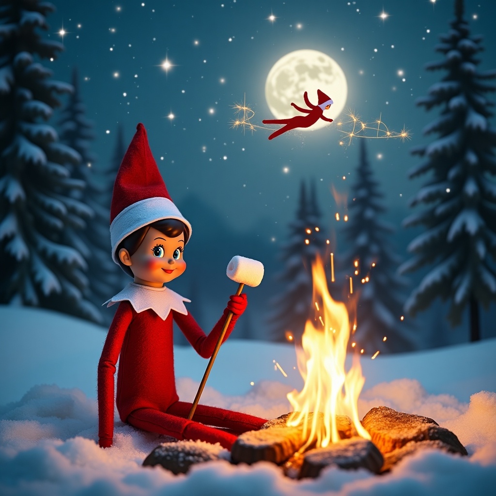 The image depicts an elf on the shelf cheerfully toasting marshmallows with a stick over a glowing campfire. The scene is magical, set against a backdrop of snow-covered trees under a starry sky. Above the fire, the names Robyn & Jensen-Dean are written in a sparkler effect, adding a whimsical touch. In the background, Santa can be seen flying across the moon, completing this festive Christmas image. Snowflakes gently fall, enhancing the winter wonderland vibe.