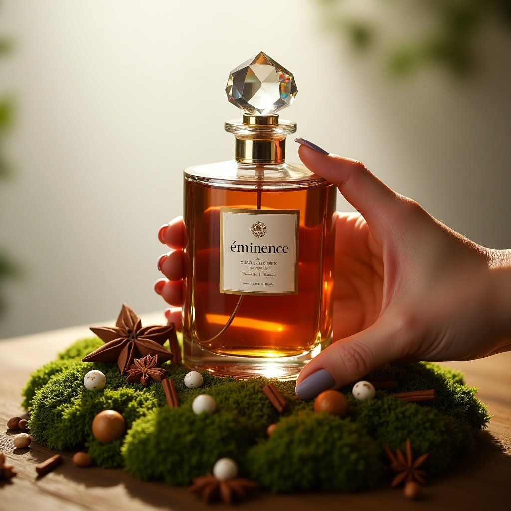 This image features a beautifully crafted crystal perfume bottle labeled 'éminence', elegantly showcased on a bed of mossy grass. The bottle contains a brownish liquid, surrounded by decorative elements like cedar bark, smoke, beads, and spices. A lady's hand gently holds the bottle, emphasizing the elegance and premium quality of the product. The light background enhances the luxurious feel, highlighting the intricate design of the bottle and the natural elements. The carefully arranged decor adds to the sophisticated ambiance of the presentation.