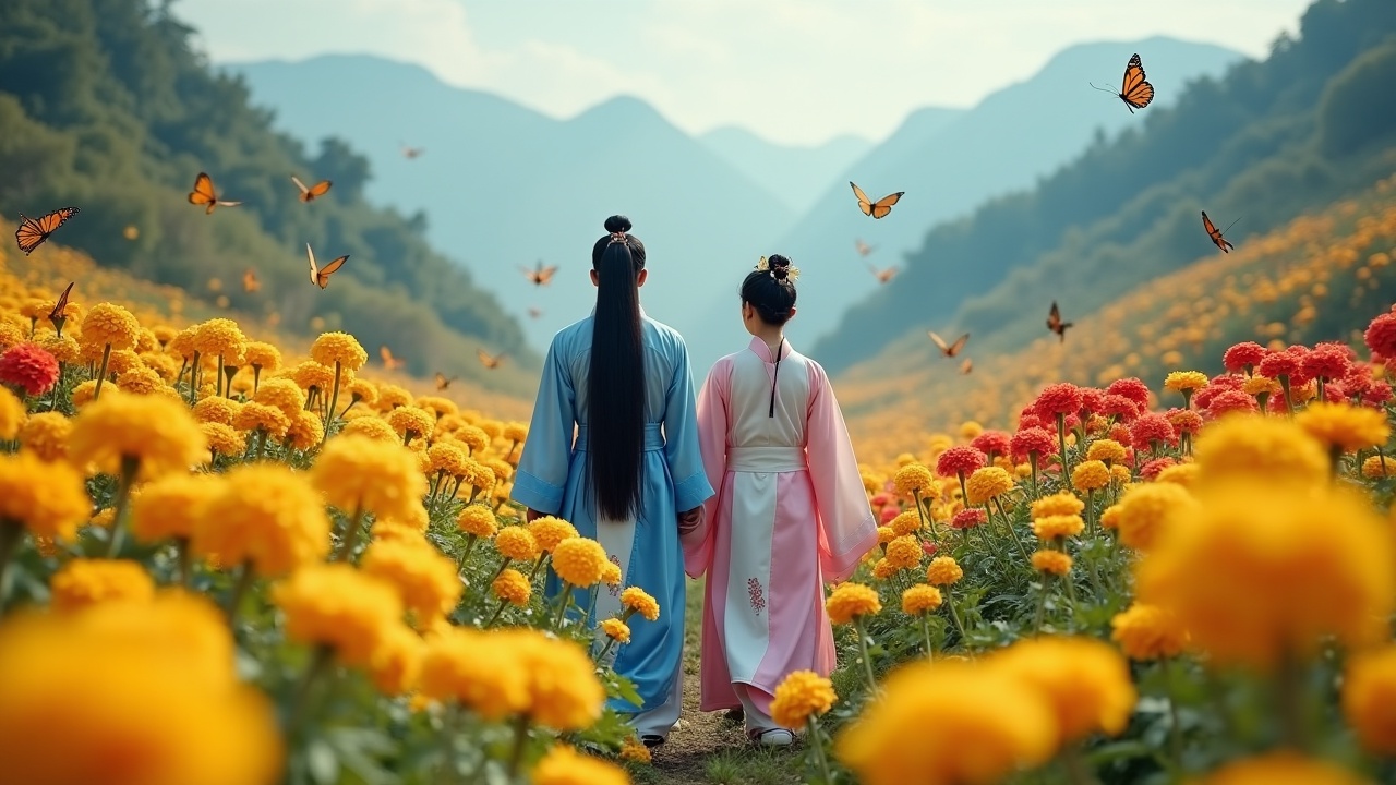 The image features a couple standing hand-in-hand in a vibrant flower field, surrounded by orange marigolds and red blossoms. They are dressed in traditional East Asian attire, with a serene mountain backdrop creating a harmonious atmosphere. Butterflies are fluttering around them, adding a whimsical touch to the scene. The lighting is soft and warm, highlighting the colors of the flowers and their clothing. This picturesque moment captures the essence of love and nature, inviting viewers to appreciate beauty and tranquility.