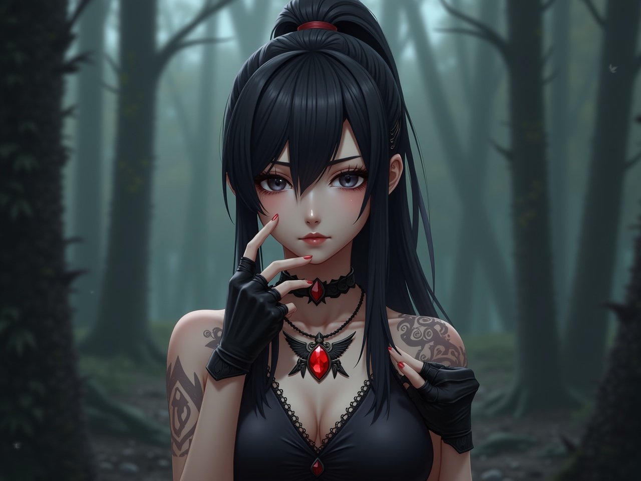 Create a character inspired by fantasy themes, blending realism with anime aesthetics. The character features long black hair styled in a ponytail and has a serious expression. Their dark eyes carry a mysterious look, complemented by scar-like markings on their visage. Attired in a sleeveless black top, they sport fingerless gloves. An abstract tattoo can be seen near their collarbone, along with a striking red gemstone pendant adorned with a crow motif around their neck. The background is a blurred, mystical forest, enhancing the dark and elegant vibe that draws viewers into a fantasy world.