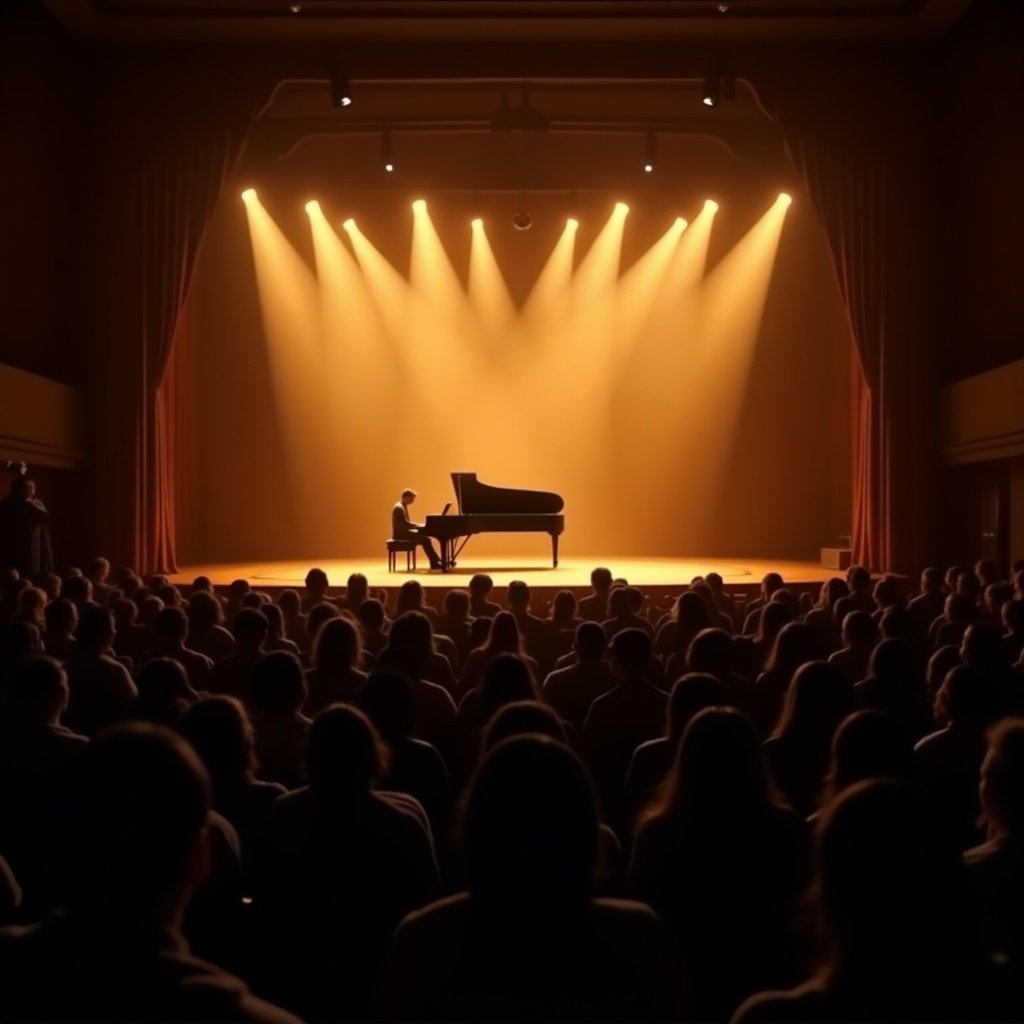 The warm glow of stage lights illuminates the grand piano as a solo pianist commands the stage. The audience watches in rapt attention, their silhouettes a testament to the captivating power of live music. The ambience, a blend of anticipation and appreciation, envelopes the theater as every note resonates within the hushed hall. This creates a uniquely emotional and sensory experience for all present. Captured from the audience's view, the soft lighting accentuates the artistic elements of the performance.