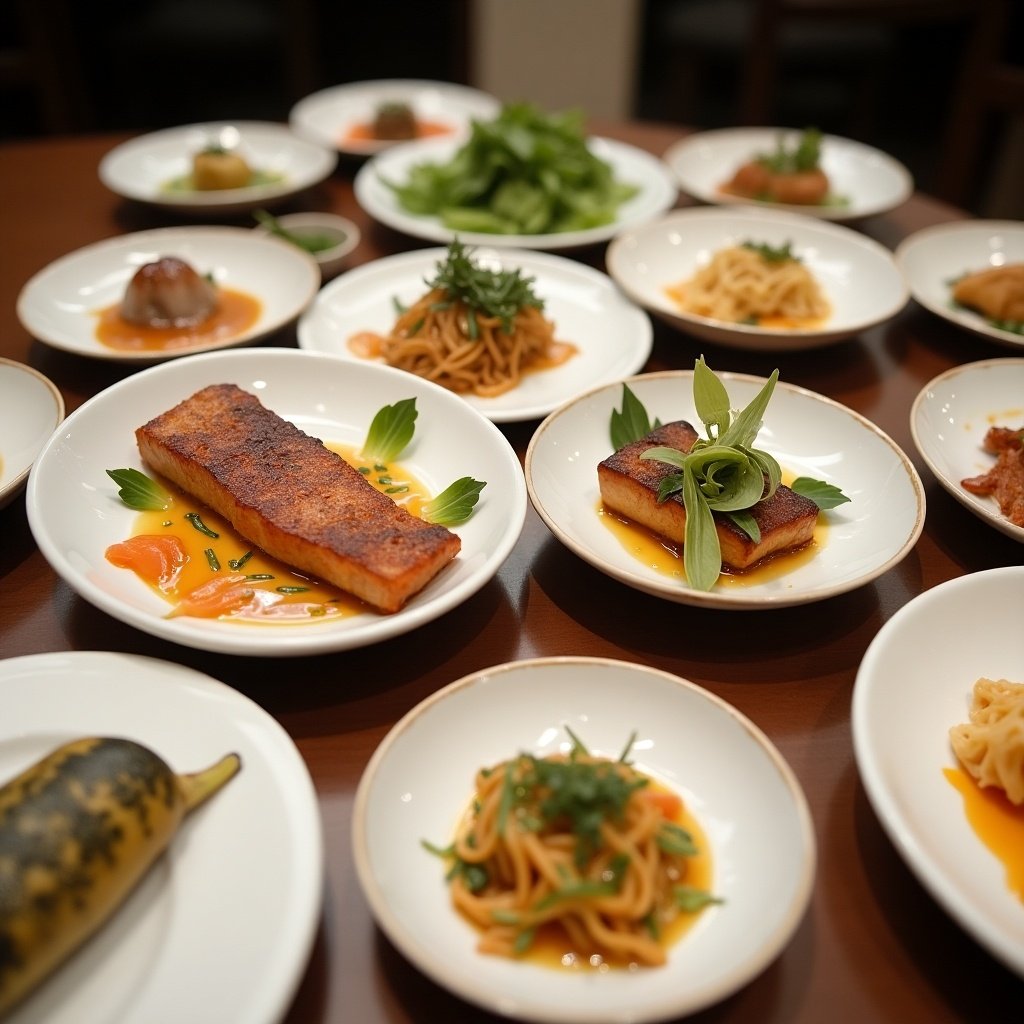 This image features a selection of elegant small-portion dishes meticulously arranged on a dining table. Each dish showcases exquisite culinary artistry with vibrant ingredients. The main focal point is a beautifully seared fish fillet surrounded by various garnishes. Other dishes include pasta and vegetables, also elegantly presented. Overall, the arrangement conveys a sense of sophistication and invites the viewer to savor the flavors of fine dining.