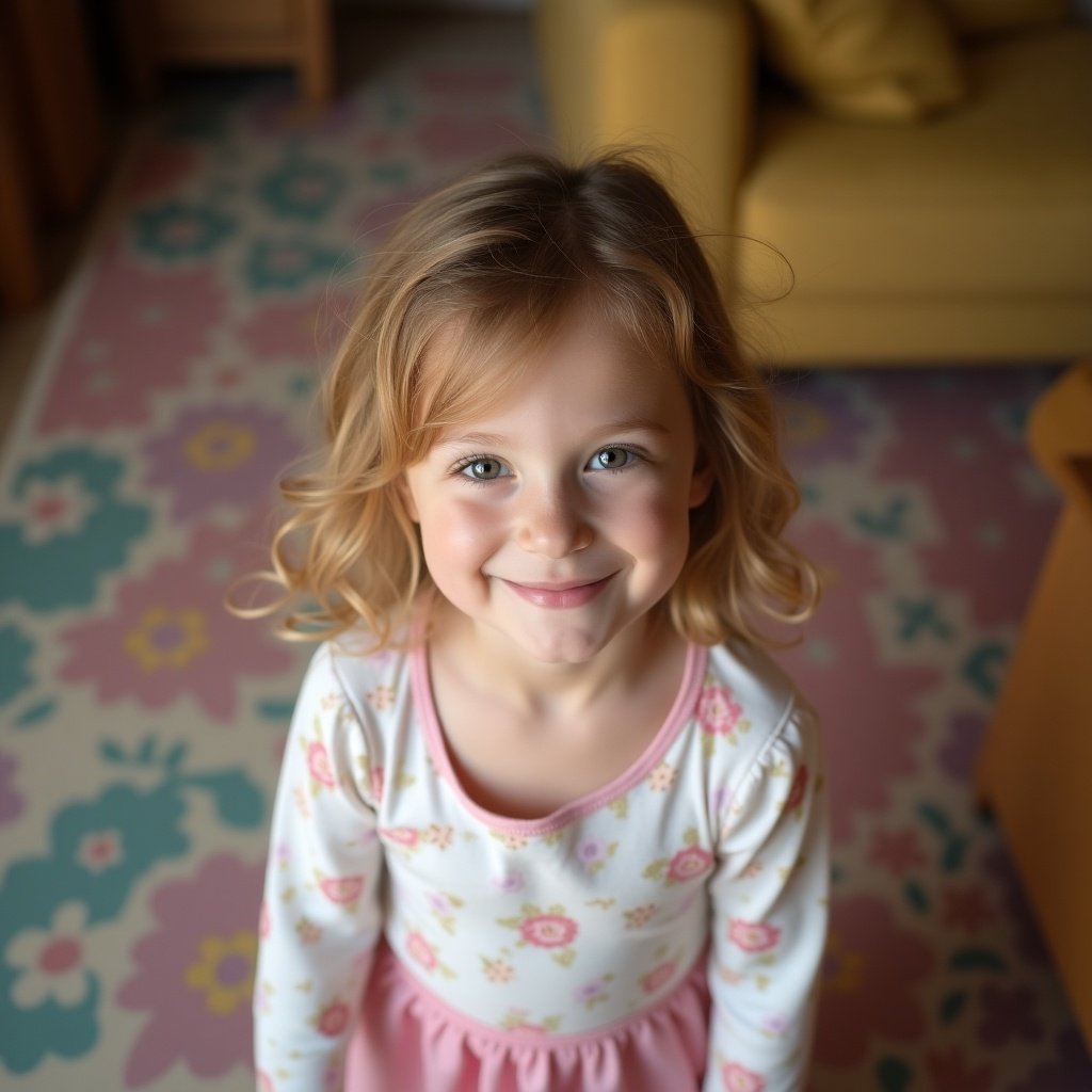 A cheerful young girl stands smiling in a cozy living room. She has long, wavy hair that frames her face perfectly. Dressed in a tight tank top and pastel-colored shorts, she radiates joy. The living room features soft furniture and a colorful rug beneath her. Sunlight spills in, highlighting her innocence and playfulness.