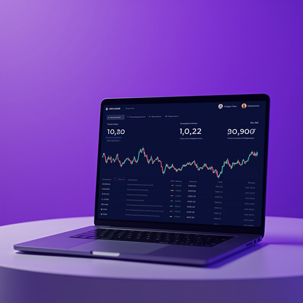 A laptop displaying a financial market analysis with a chart against a purple background.