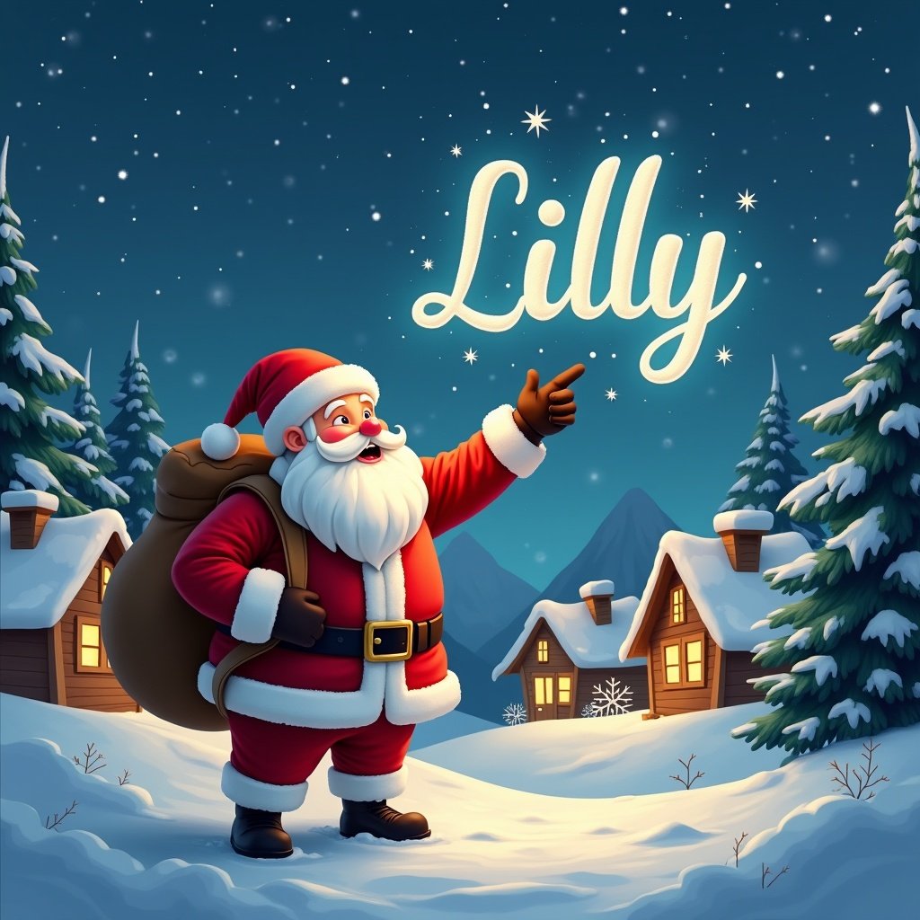 In this enchanting winter scene, Santa Claus stands joyfully in a snowy village, dressed in his iconic red suit. He has a fluffy white beard and a large sack over his shoulder. Santa is pointing up at the night sky, where he magically writes the name 'Lilly' in glowing light. Snowflakes gently fall around him, and charming wooden houses with warm lights are visible in the background, surrounded by evergreen trees. The atmosphere is festive and captures the spirit of Christmas, radiating joy and celebration.