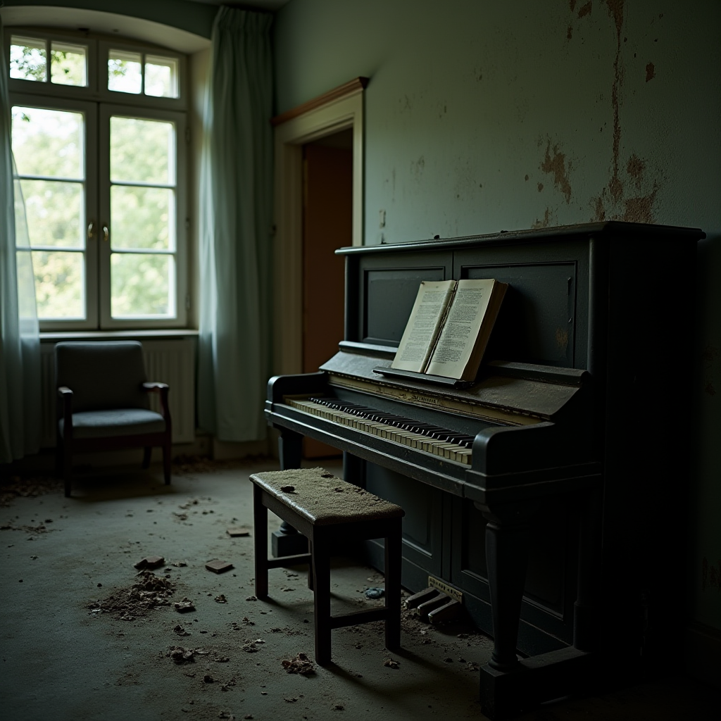 A neglected piano sits in a dimly lit, abandoned room with peeling walls and scattered debris.