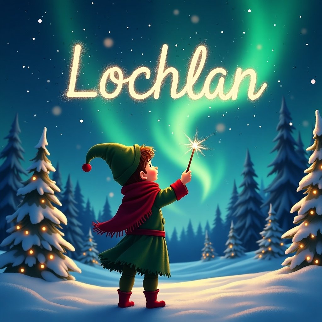 A boy dressed as an elf stands with their back to the viewer, gazing up at the night sky. They hold a wand, using it to create the name Lochlan in the air, surrounded by sparkles. The scene is set in a winter landscape, featuring snow-covered trees and twinkling lights. The sky is illuminated by beautiful northern lights, creating a magical atmosphere. The entire composition exudes a cheerful and festive vibe, perfect for the holiday season.