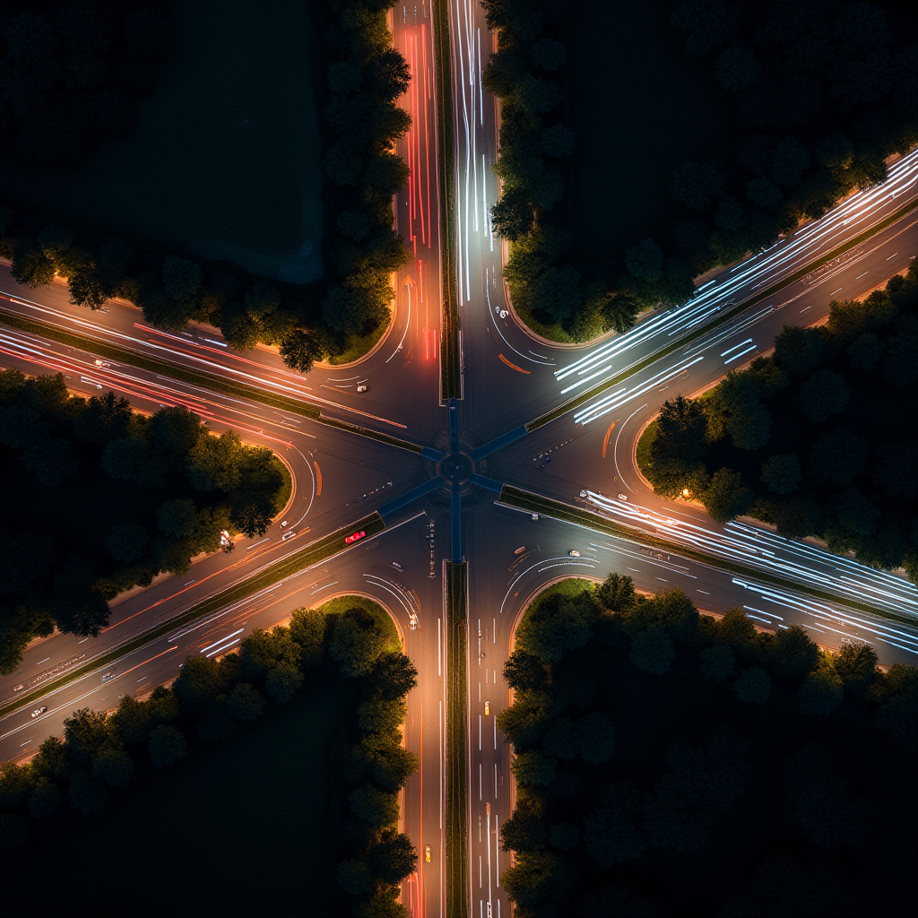 An aerial view of a bustling intersection at night, with streaks of light from vehicles creating a vibrant X-shaped pattern surrounded by darkened foliage.