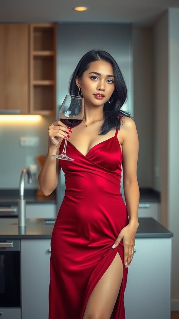 A woman in a red dress stands in a modern kitchen holding a glass of wine.