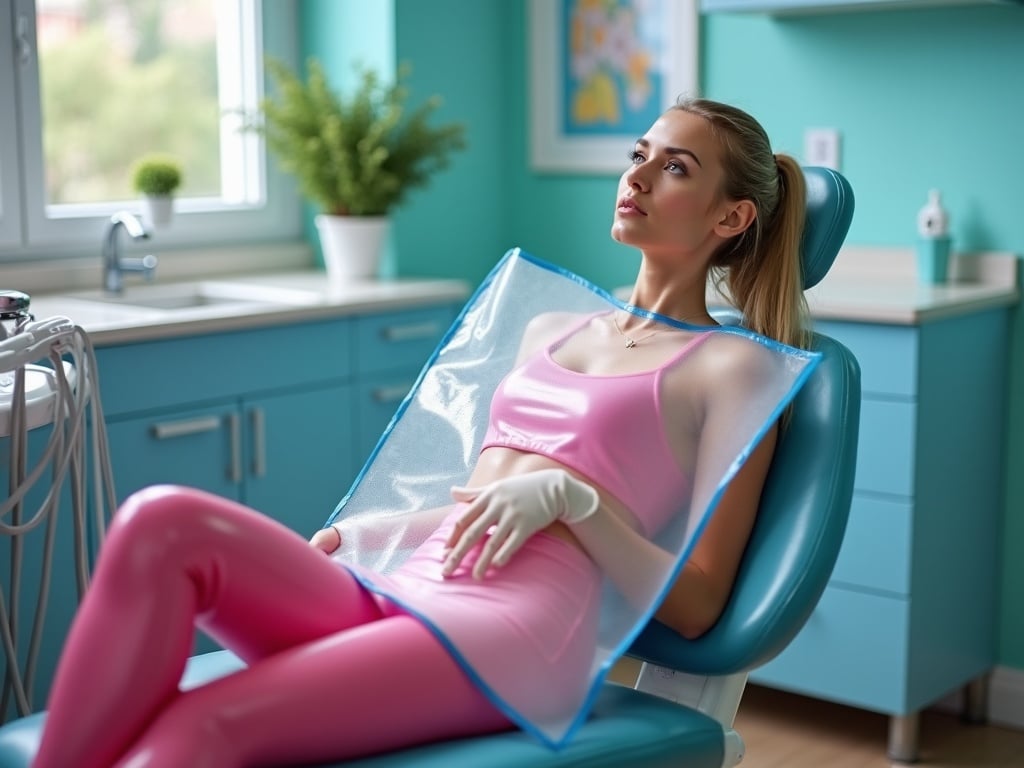 The image depicts a woman seated comfortably in a dental clinic. She is wearing a pink outfit and is thoughtfully gazing upwards. The background features a bright and inviting turquoise color, typical of a modern dental office. Soft lighting floods the room, enhancing the calming atmosphere. The woman is positioned in a dental chair, with a protective apron draped over her. An air of serenity is present, suggesting that she is in a moment of introspection. This setting emphasizes a blend of fashion and dental health, making it visually appealing.