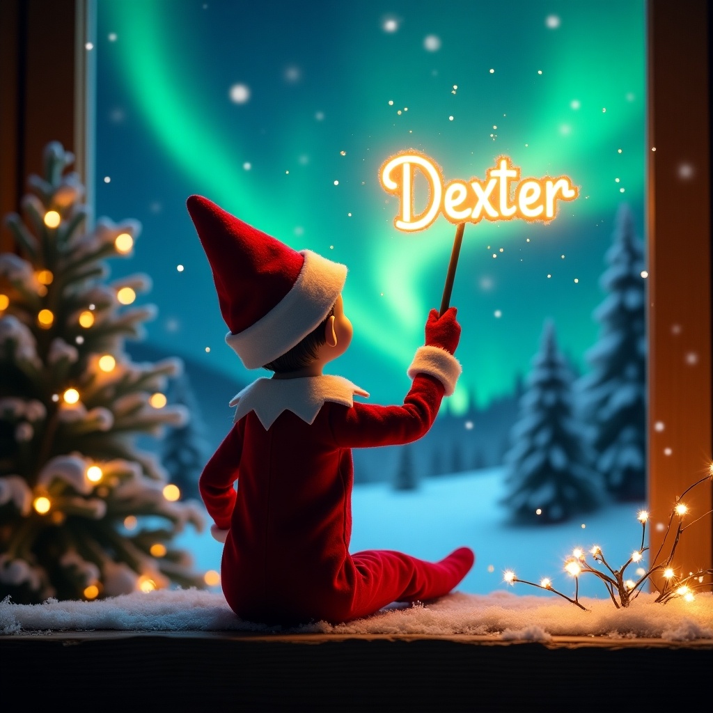 An enchanting Christmas scene featuring an elf on the shelf, who is facing the sky with his back to the viewer. The elf, dressed in red and white, wields a magic wand, writing ‘Dexter’ in a glowing script above him. The backdrop is adorned with vibrant northern lights, adding a magical ambiance. The scene is festive, portraying the spirit of Christmas with a whimsical twist. The elf's position and action create a sense of wonder and excitement that captures the joy of the holiday season.