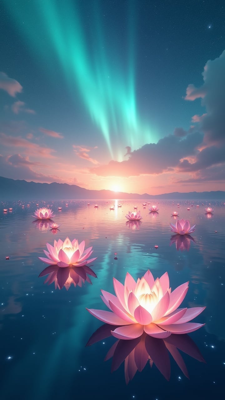 This captivating image showcases a serene water landscape dotted with blooming pink lotus flowers beneath a vivid aurora borealis. The sky is awash with ethereal greens and blues, while the sun sets on the horizon, adding a warm glow to the scene. The reflection of the flowers on the water enhances the dreamlike quality of the composition.