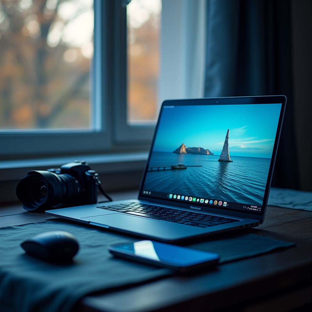 A laptop displaying a serene ocean scene next to a camera and smartphone on a table by the window.