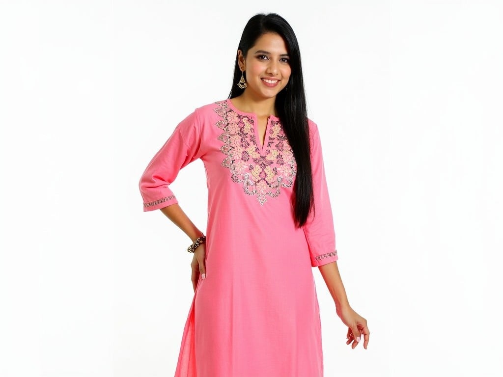 The image features a woman wearing a vibrant pink traditional tunic with intricate embroidery around the neckline. She poses with a relaxed demeanor against a stark white background, highlighting the elegance and detail of her attire. Her long, dark hair complements the richness of the garment's design.