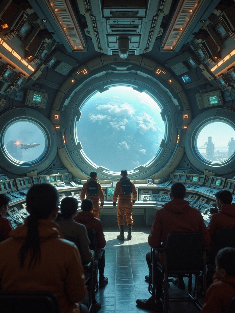 Inside a futuristic spacecraft, a diverse group of figures gazes through hexagonal portholes. Outside, dramatic scenes of earth disasters unfold, illustrating wars and pollution. The control panel around them is filled with complex screens and technological gadgets, showcasing advanced engineering. The atmosphere is tense, evoking a sense of anxiety about current events on our planet. The image emphasizes the contrast between the serenity of space and the chaos on Earth, highlighting our planet's troubles from a cosmic viewpoint.