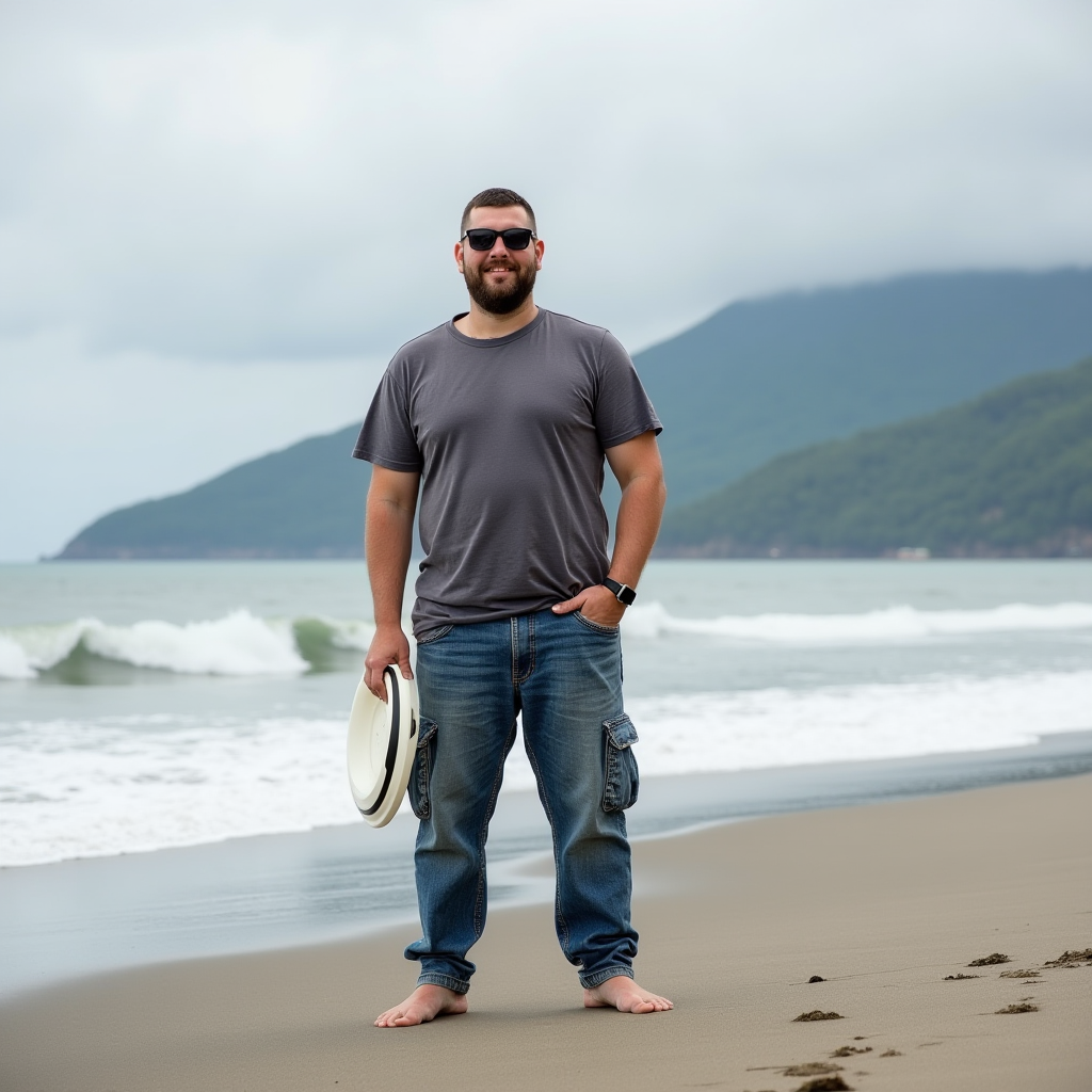 A man in sunglasses stands barefoot on a sandy beach holding a hat.