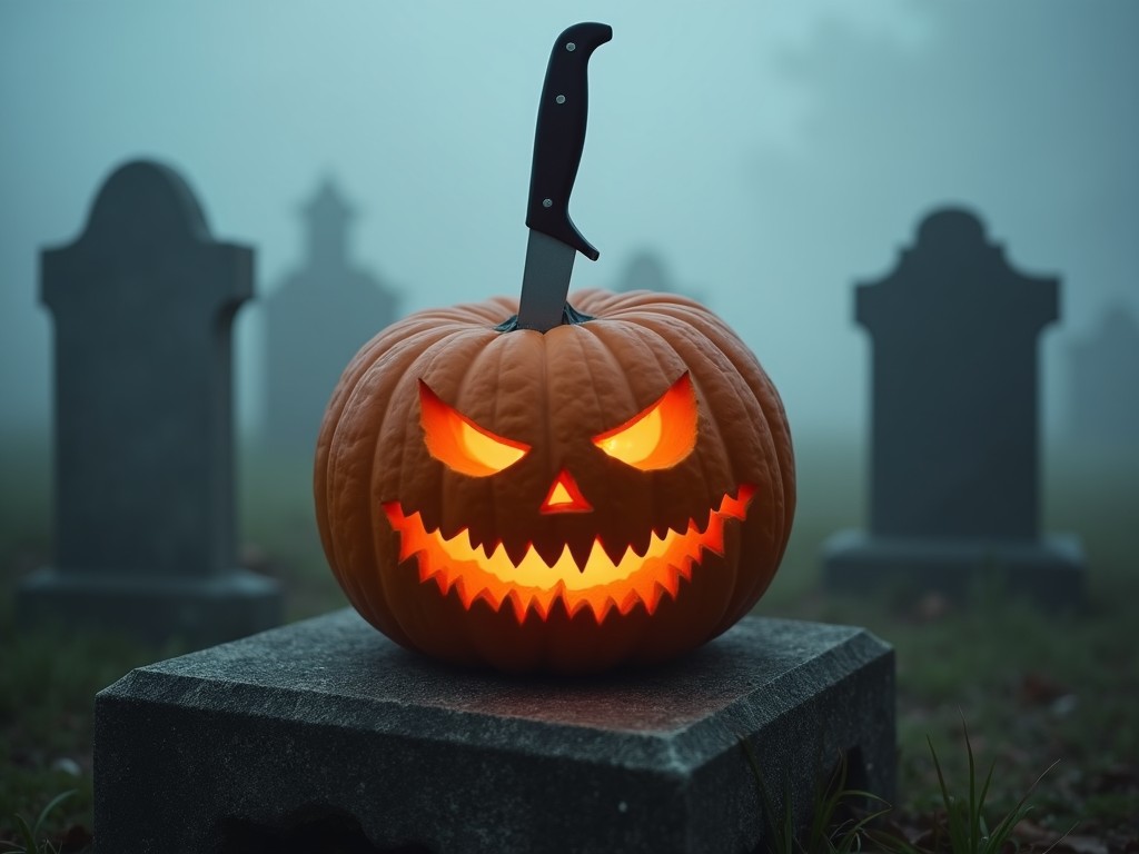 A carved pumpkin sits ominously on a stone in a graveyard. The pumpkin features a menacing face with grinning teeth and glowing eyes. A knife is plunged into the top of the pumpkin, heightening its eerie look. The background is enveloped in fog, adding to the Halloween atmosphere. Dark tombstones are visible through the mist, contributing to the scene's haunting feel.