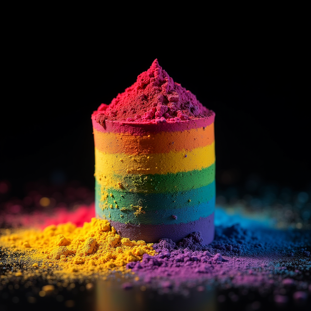 A cylinder of colorful powder with vibrant rainbow stripes stands against a dark background.