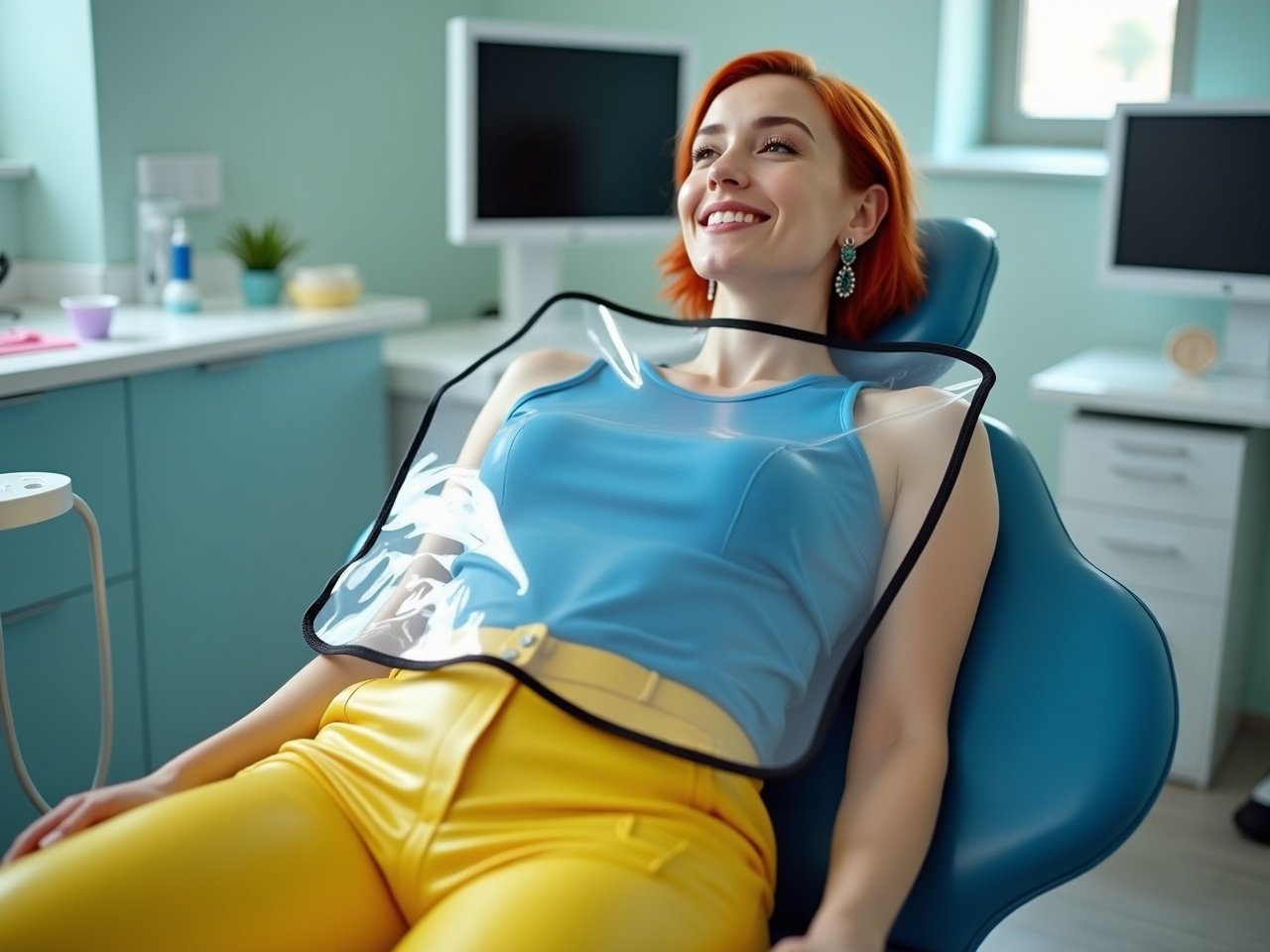 A woman with short red hair and stylish earrings smiles while reclining in a dentist chair. She is dressed in a blue tank top and shiny yellow pants, embodying a modern and confident style. A large clear PVC mealtime bib with black edges covers her lap. The background features dental equipment and a bright, airy environment typical of a dental clinic. The lighting is bright and inviting, making the scene feel friendly and approachable. She appears relaxed, symbolizing a positive dental experience.