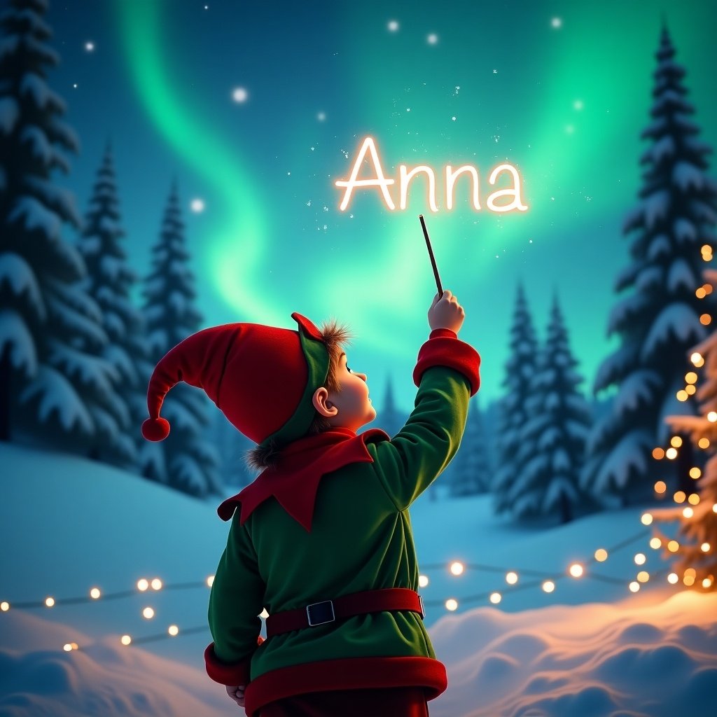 A child dressed as an elf stands with their back to the viewer, gazing up at the night sky. They hold a wand, using it to create the name 'Anna' in the air, surrounded by sparkles. The scene is set in a winter landscape, featuring snow-covered trees and twinkling lights. The sky is illuminated by beautiful northern lights, creating a magical atmosphere. The entire composition exudes a cheerful and festive vibe, perfect for the holiday season.