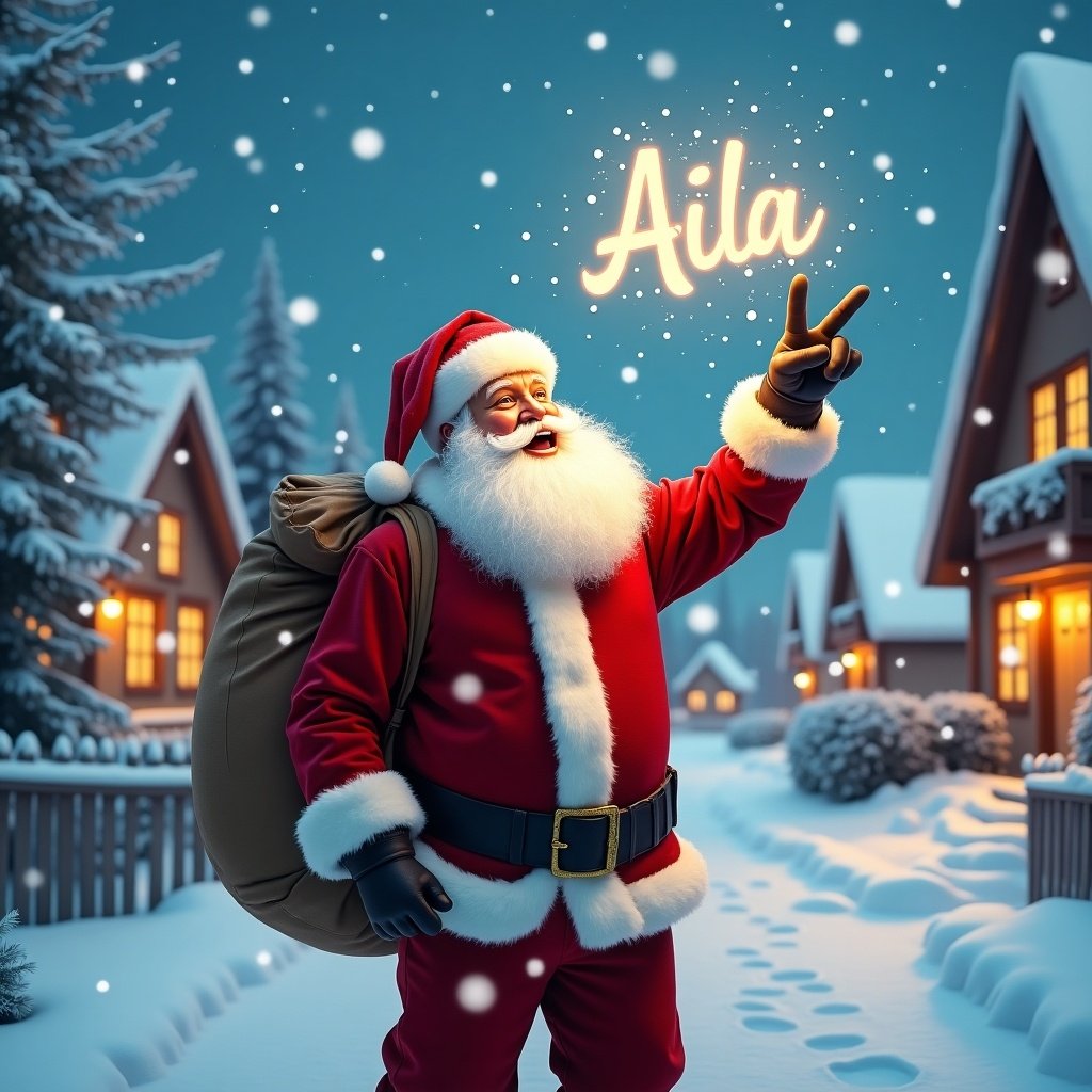 In a snowy village, Santa Claus stands happily. He wears his traditional red suit and has a big bag slung over his shoulder. Santa is pointing up at the sky, where the name 'Aila' is magically written. Snowflakes gently fall around him, adding to the festive atmosphere. Cozy homes with warm lights can be seen in the background, enhancing the holiday spirit.