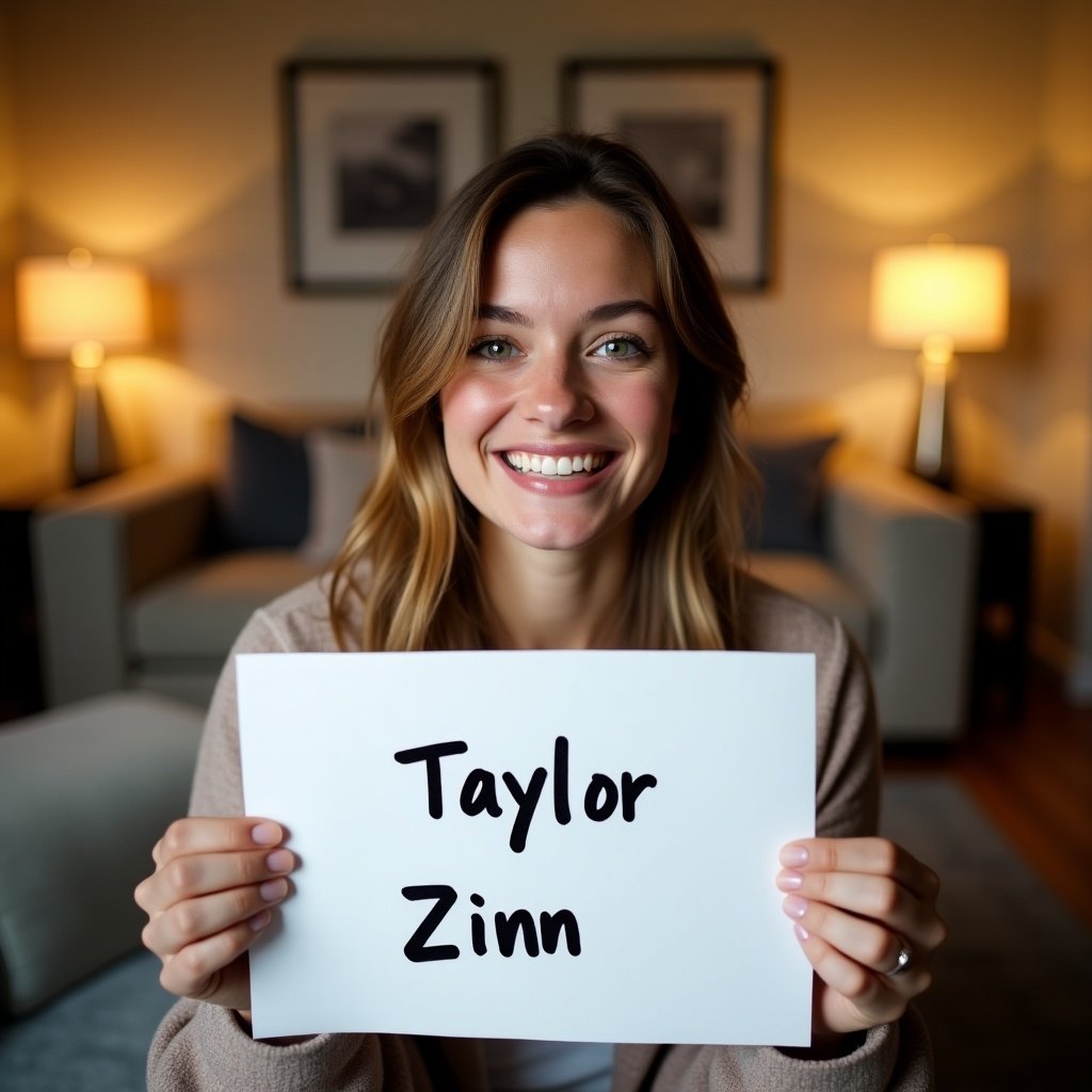 A young woman is seated in a cozy living room. She is holding a white piece of paper that says 'Taylor Zinn' in bold black letters. Her expression is joyful, conveying happiness and curiosity. The room is softly lit by lamps, creating a warm atmosphere. The stylish decor of the living room adds a comfortable feel to the image.