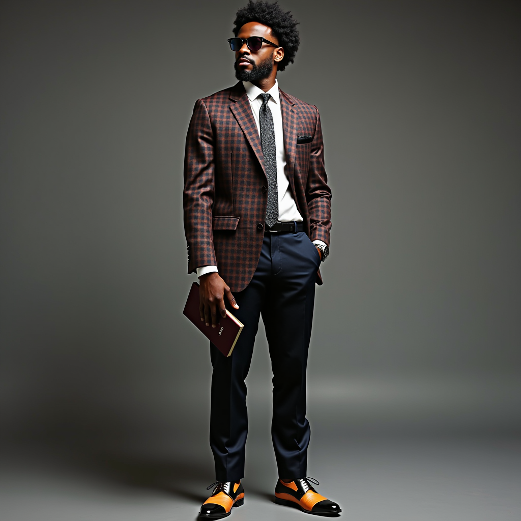 A stylishly dressed individual in a checkered blazer and vibrant shoes exudes sophistication in a studio setting.