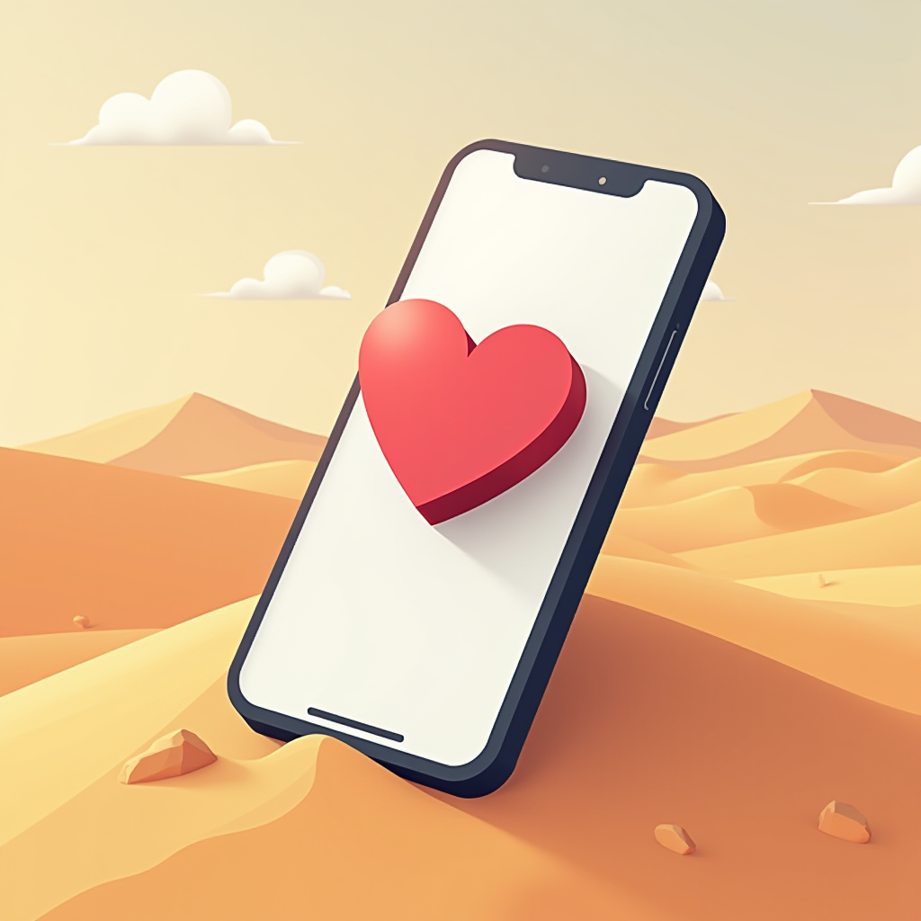 A smartphone displaying a red heart icon stands upright in a sandy desert landscape.