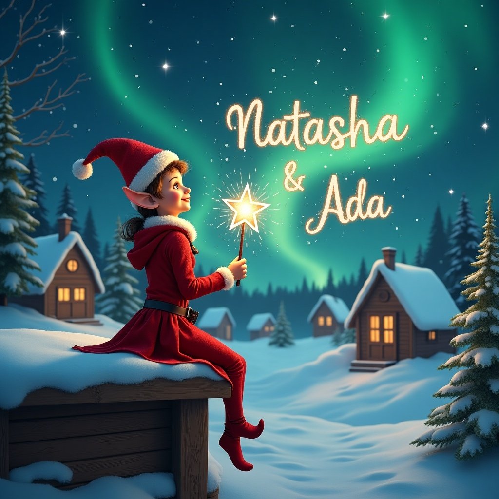 An elf sits on a wooden ledge with its back to the camera. The elf, dressed in a festive red outfit with a pointed hat, holds a sparkling wand. With the wand, the elf elegantly writes the names 'Natasha' and 'Ada' in the starry sky. The background features a snowy landscape with charming little houses and evergreen trees, all illuminated by the shimmering Northern Lights. This whimsical scene captures the essence of childhood magic and Christmas cheer.