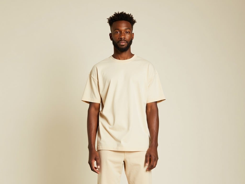 The image showcases a man standing against a neutral beige background. He is wearing a matching beige t-shirt and pants. The simplicity of the outfit and setting highlights the minimalist aesthetic, focusing attention on the clean lines and understated style of the clothing.