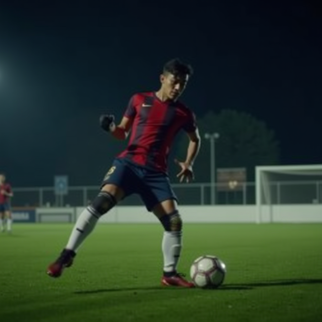 A soccer player in a red and blue uniform dribbles the ball on a well-lit field at night.