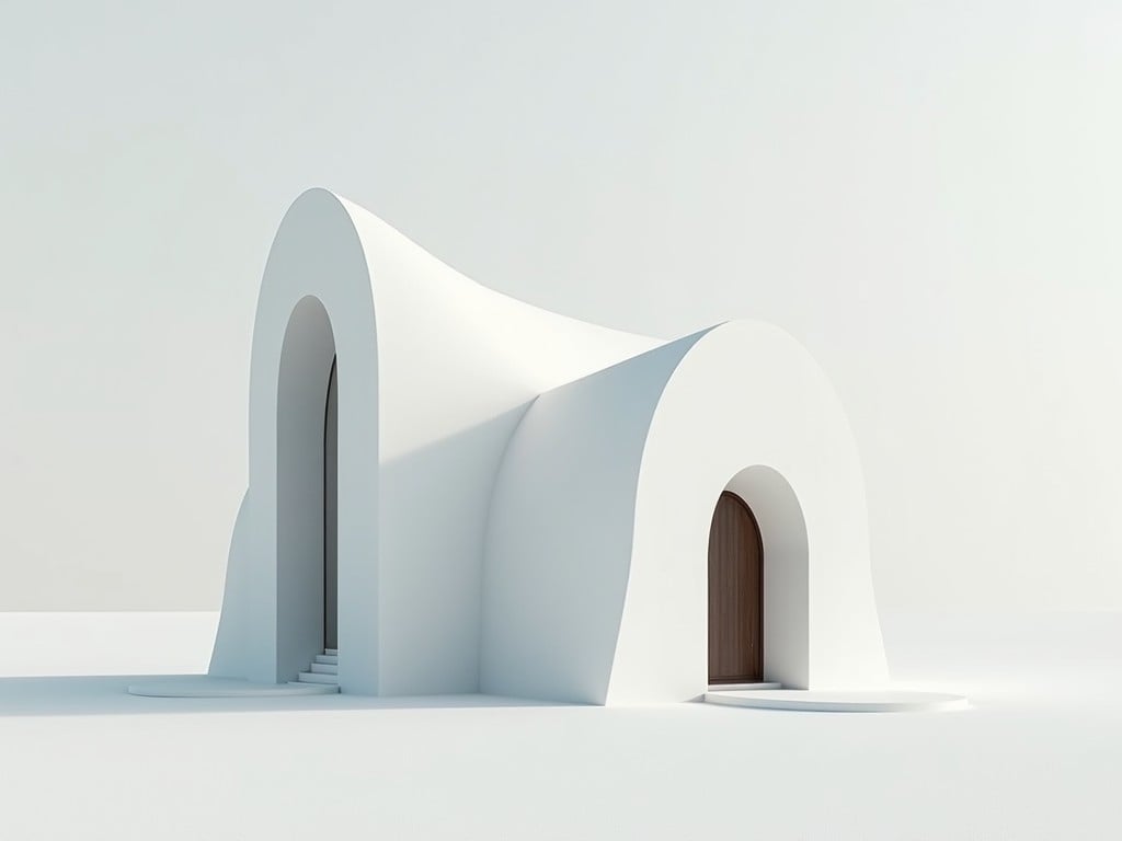 a minimalist modern building with smooth, flowing curves and arches, completely white with small wooden doors, in a stark, light setting