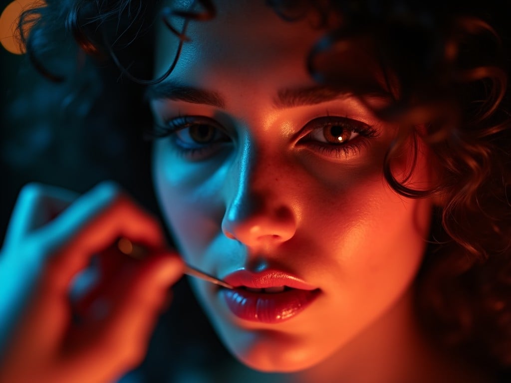 A close-up portrait of a woman with curly hair, showcasing a dramatic and artistic makeup application. The lighting is soft with contrasting blue and orange tones, creating a vibrant atmosphere. The woman's gaze is engaging, drawing attention to her expressive eyes and full lips. A makeup artist can be seen gently applying lip color to enhance her natural beauty. The image captures a moment of transformation in beauty and artistry, set against an abstract background.