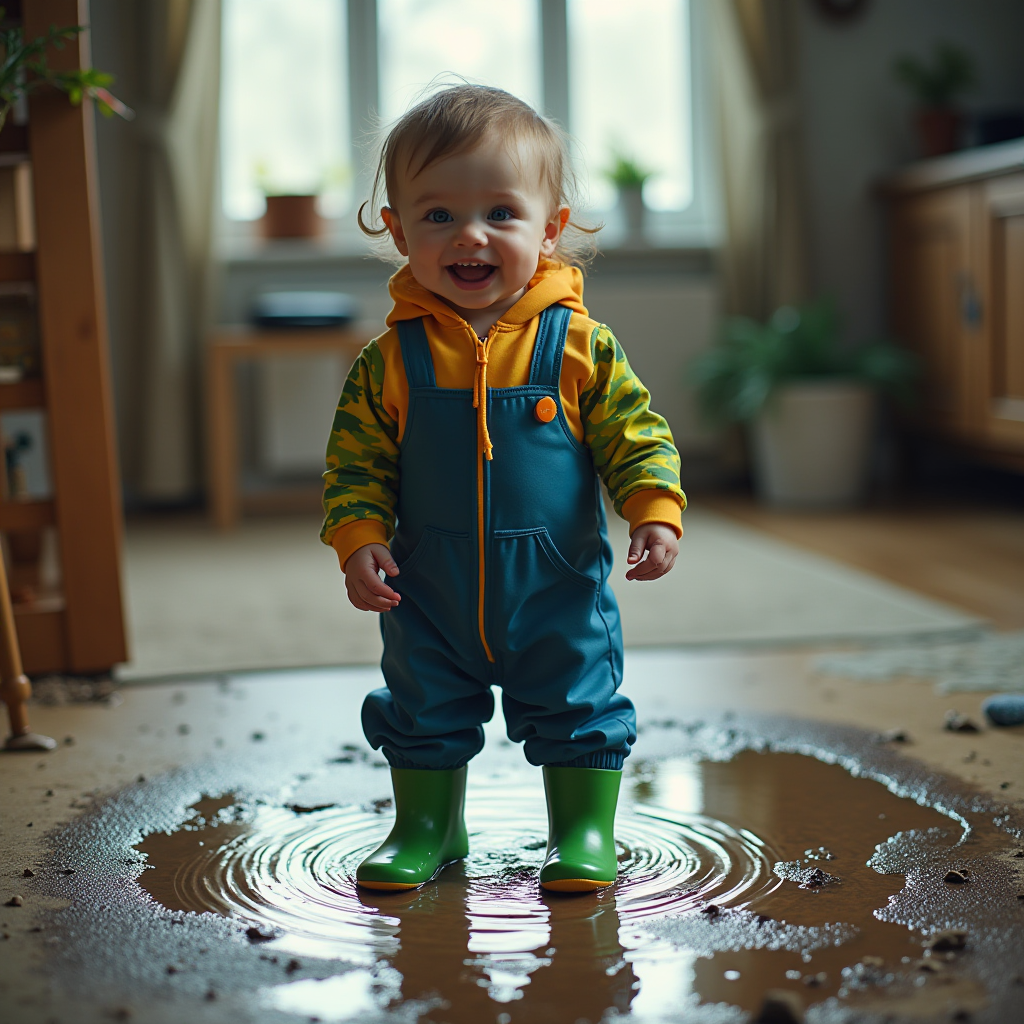 A cheerful toddler playing in a puddle indoors, wearing colorful overalls and boots.