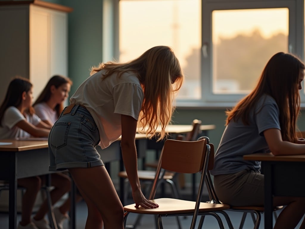 This image captures a peaceful scene in a classroom setting during the golden hour, with warm sunlight streaming through large windows. A young woman is seen standing beside a desk, adjusting her chair while others sit in the background, creating a serene and contemplative atmosphere.