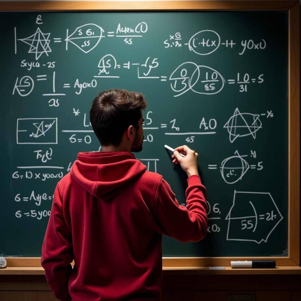 A student in a red hoodie is actively writing mathematical equations on a large green chalkboard filled with complex calculus problems. The scene is set in a classroom or study area, suggesting an environment focused on education and learning. The person appears focused and engaged in their work, illustrating the concept of studying or tutoring in mathematics. The chalkboard is filled with various mathematical notations, creating a sense of depth and intellectual challenge. This image represents the essence of learning and the pursuit of knowledge in the field of mathematics.