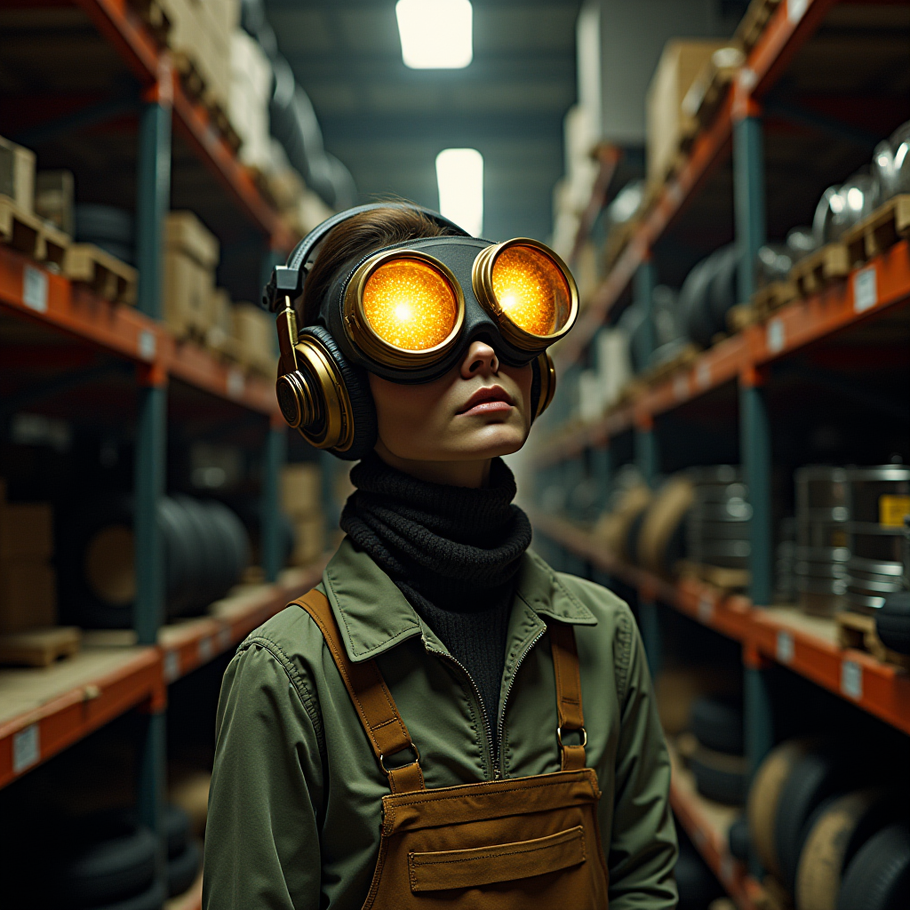 A person wearing large glowing goggles and headphones stands in a warehouse aisle, surrounded by shelving with boxes and industrial items.