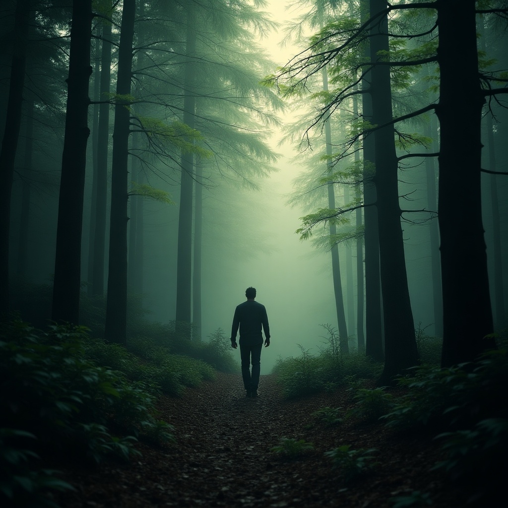 A solitary man walks through a deep forest shrouded in mist. The trees tower around him, casting shadows and creating a sense of mystery. Soft light filters through the foliage, illuminating the path ahead. The atmosphere is calm yet eerie, evoking a sense of solitude and reflection. This scene captures the beauty and tranquility of nature's depths.