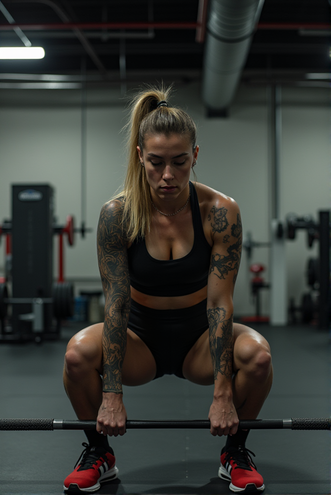 A woman is preparing to lift a barbell in a gym setting.