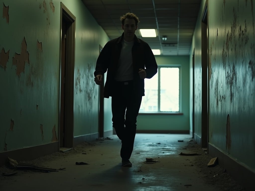 The image shows a dimly lit, abandoned hallway with peeling walls. A man is running toward the camera with a serious expression on his face. The floor appears to be covered in debris and dirt. There is a single window at the end of the hallway, letting in some light that contrasts with the dark interior. The overall mood of the image is tense and dramatic.