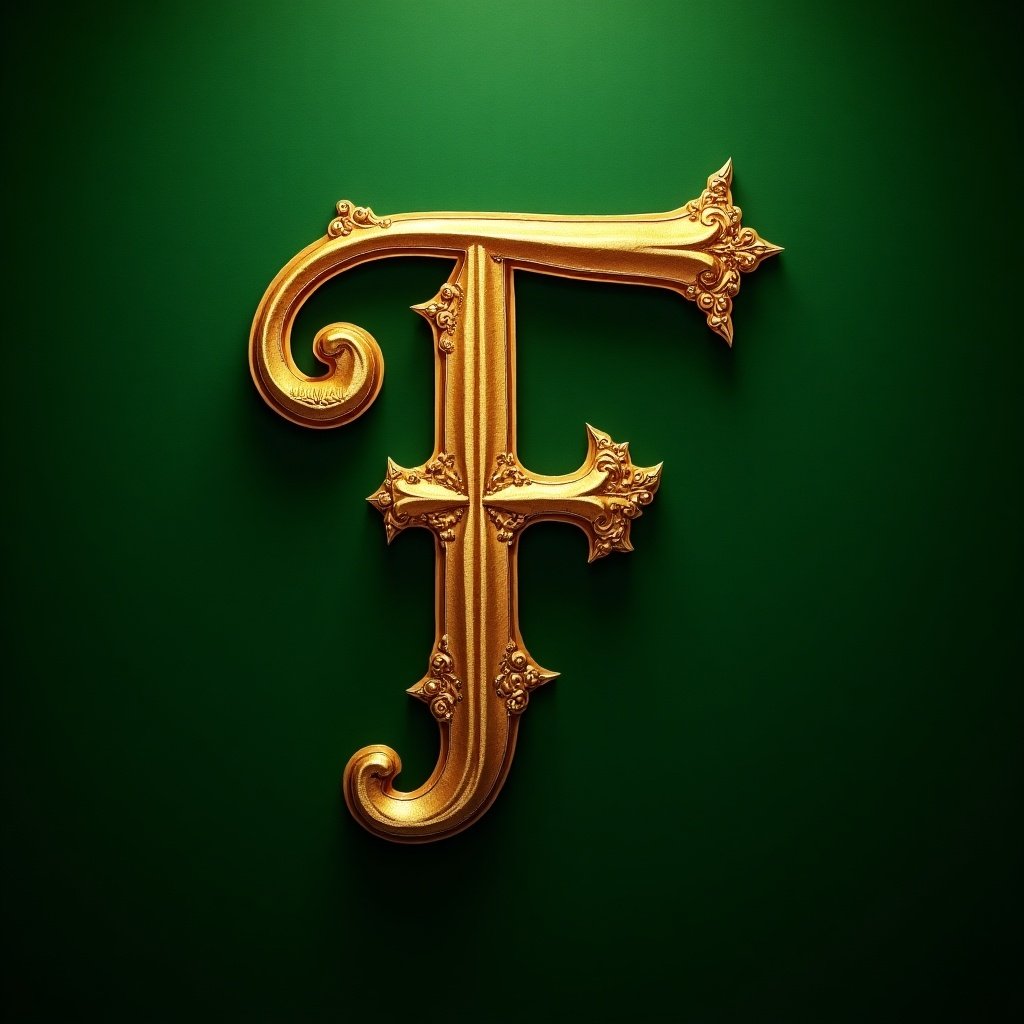 The image features a gold, ornate capital letter 'F' prominently displayed against a rich green background. The letter has intricate detailing, showcasing its elaborate design. The soft, even lighting enhances the texture and shine of the gold. This artwork is perfect for branding or decorative purposes. Its elegant style makes it suitable for various creative applications, from packaging to graphic design.