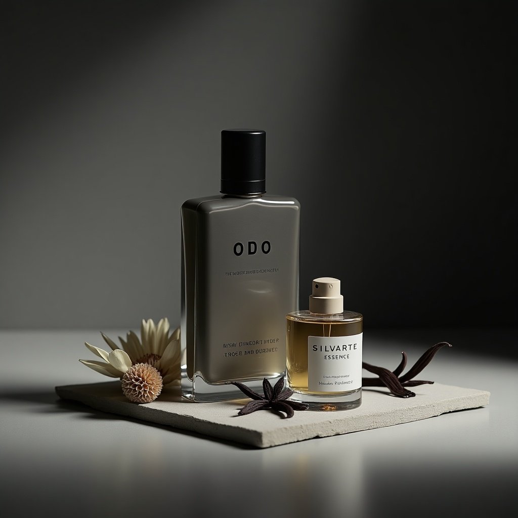 This image showcases a minimalist design featuring two elegant perfume bottles labeled 'Odo' and 'Silvarte Essence'. The transparent 'Odo' bottle reflects sophistication, while the 'Silvarte Essence' bottle adds a touch of luxury. Both bottles are positioned on a smooth surface against a dark background, creating a striking contrast. Soft lighting enhances the allure and mystery of the setting. The overall composition conveys a sense of luxury, making it perfect for fragrance advertising. The image evokes emotions of elegance and refinement, appealing to the modern consumer.