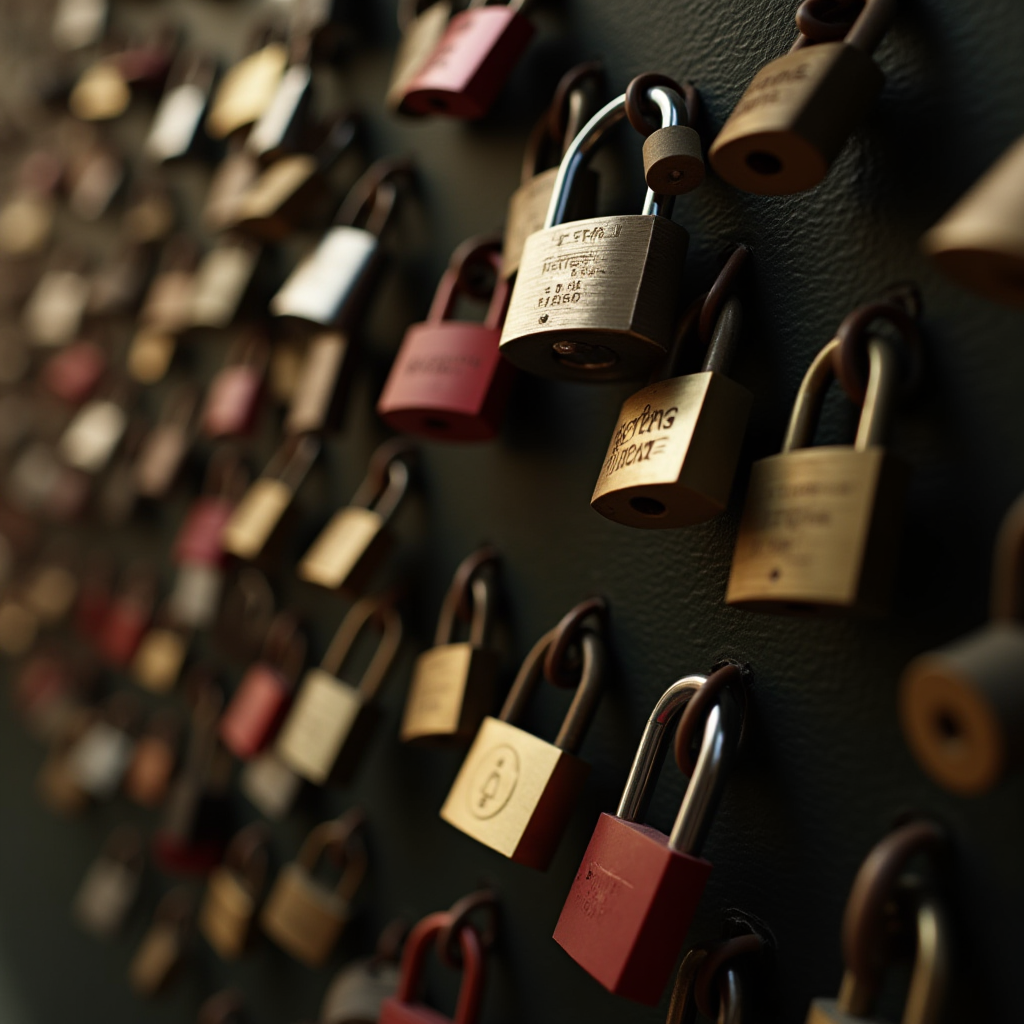 Many padlocks are attached to a metal surface, symbolizing security or love.