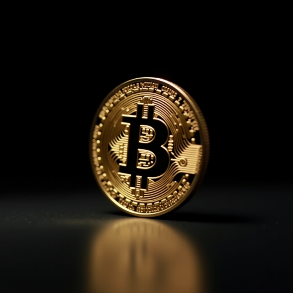 A gold-colored Bitcoin stands upright on a dark reflective surface, casting a reflection and highlighting the intricate design against a black background.