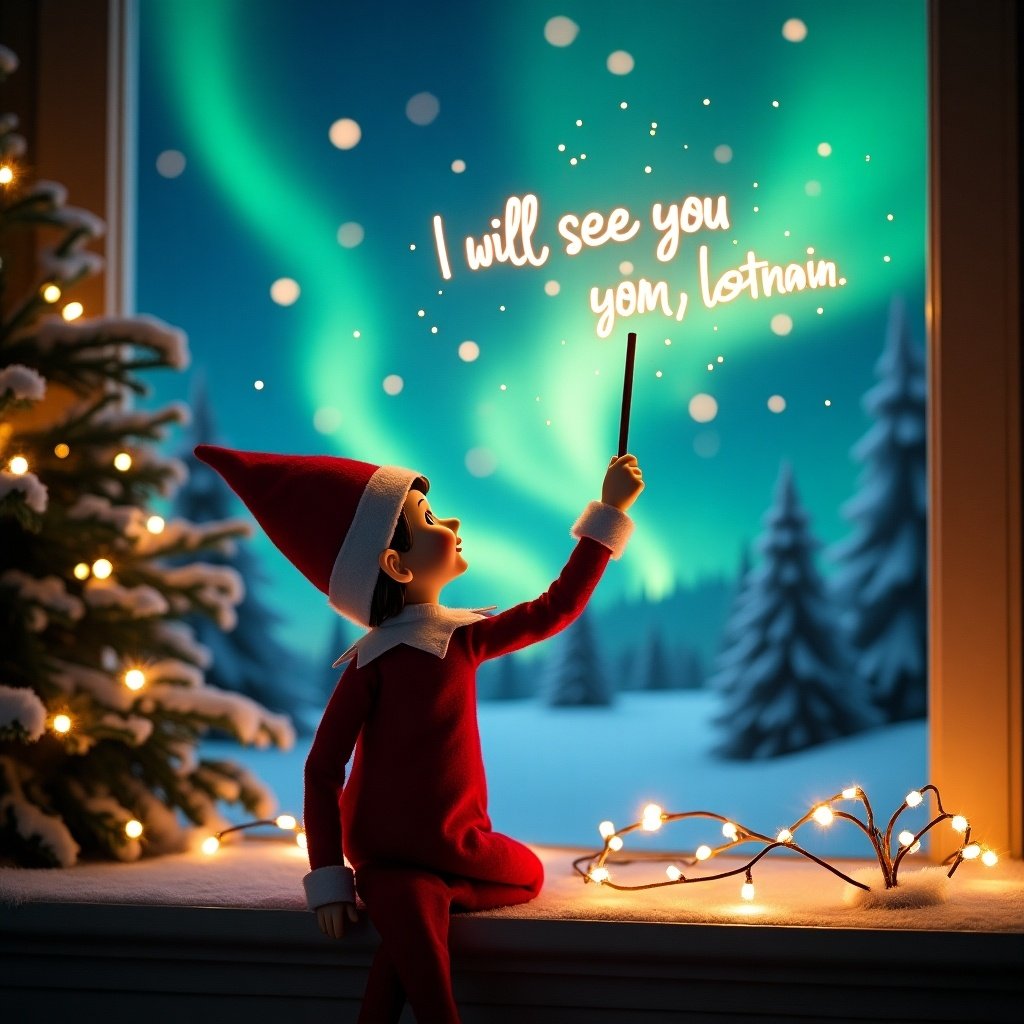 An enchanting Christmas scene features an elf on the shelf, facing the sky with his back to the viewer. The elf, dressed in festive red and white, holds a magic wand, writing glowing words in the air. The text includes 'I will see you soon,' 'Lochlan,' 'Liesabet,' and 'Loralei.' The backdrop showcases vibrant northern lights, enhancing the magical feel of the scene. Soft lighting and a cozy setting with added Christmas decor evoke warmth and joy, making it a delightful holiday illustration.