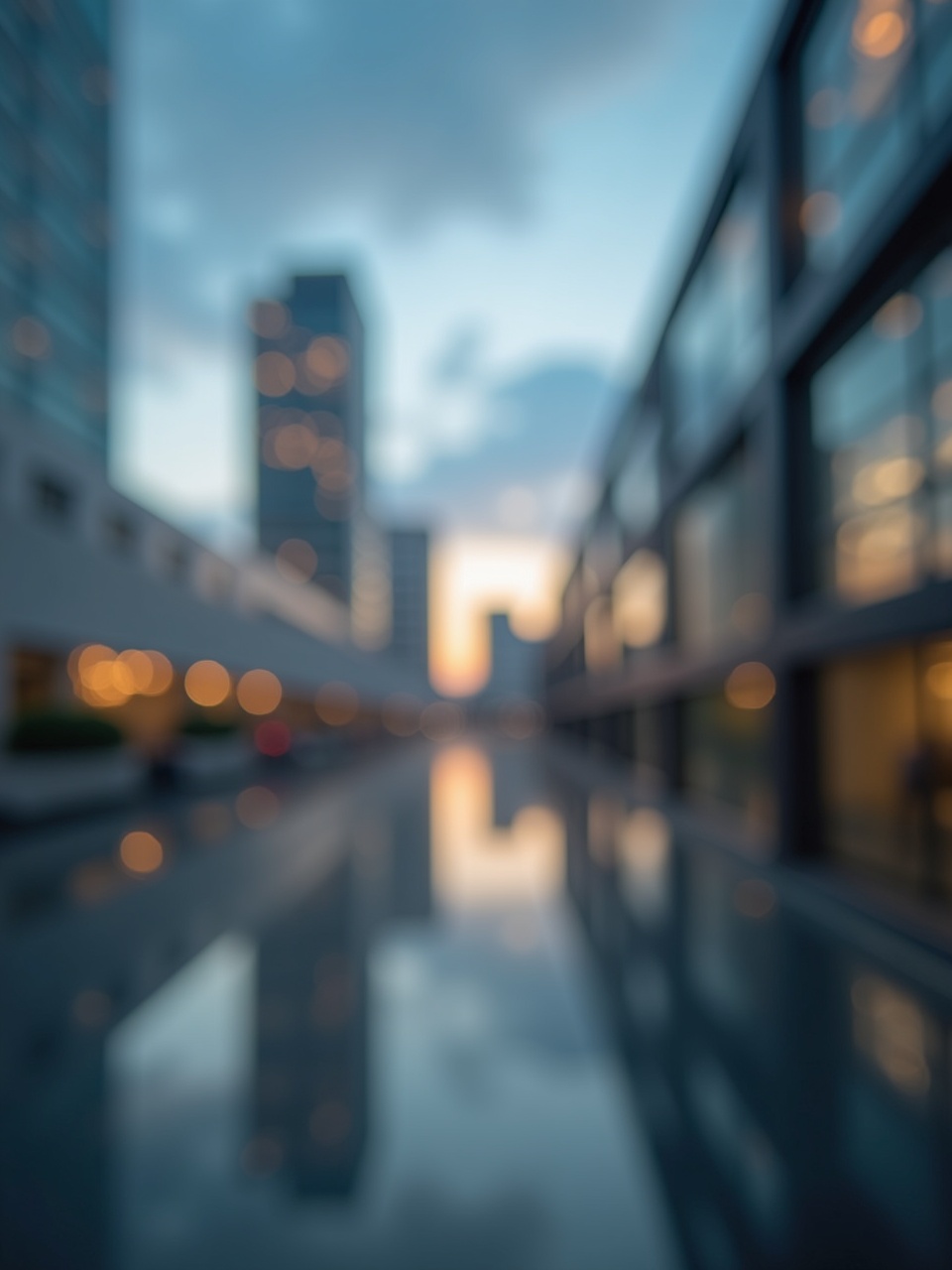 This image captures a blurred view of an urban setting at sunset. In the foreground, a reflective surface mirrors the colors of the sky and city buildings. The soft blue and gray tones create a tranquil atmosphere. Buildings flank either side, hinting at modern architecture. The overall effect evokes a sense of calm and sophistication.