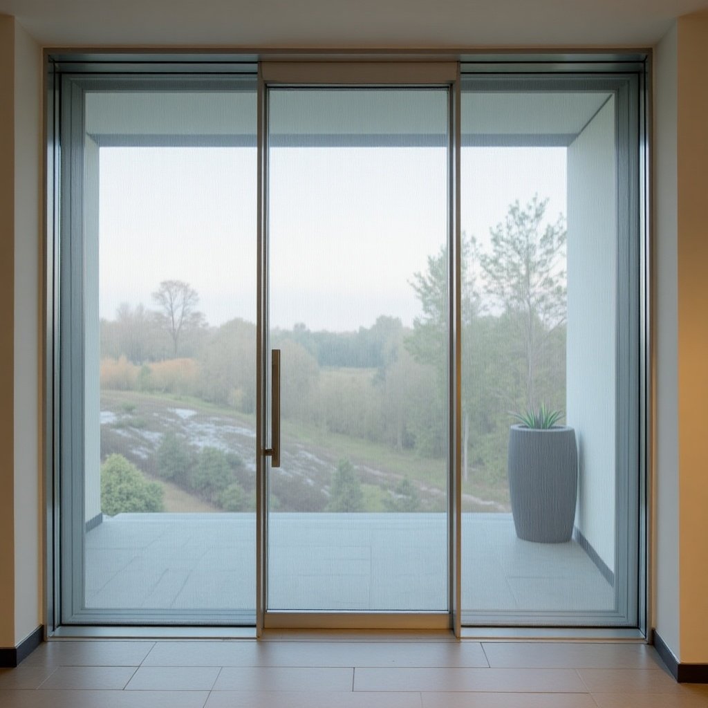 The image features a sleek sliding glass door framed in aluminum, situated in a modern interior. Beyond the door lies a serene landscape with soft hues, showcasing the transition between indoor and outdoor. The glass is slightly fogged, adding a gentle ambiance to the scene. A tall planter stands beside the door, contributing to the minimalist aesthetic. The overall composition emphasizes modernity and elegance.