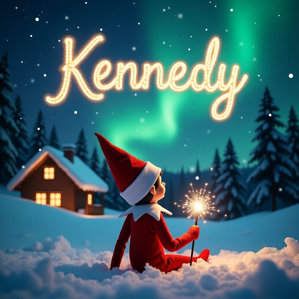 An elf on the shelf is seated on a snowy ground, with his back facing the viewer as he gazes upward. He holds a shimmering magic wand, enchanting the night sky. Above him, the name 'Kennedy' is written in elegant, sparkling letters amidst a backdrop of vibrant northern lights. The scene is magical, embodying the essence of Christmas, with soft snow covering the landscape and a cozy cabin visible in the background. The entire atmosphere radiates warmth and festive spirit that captures the joy of the holiday season.